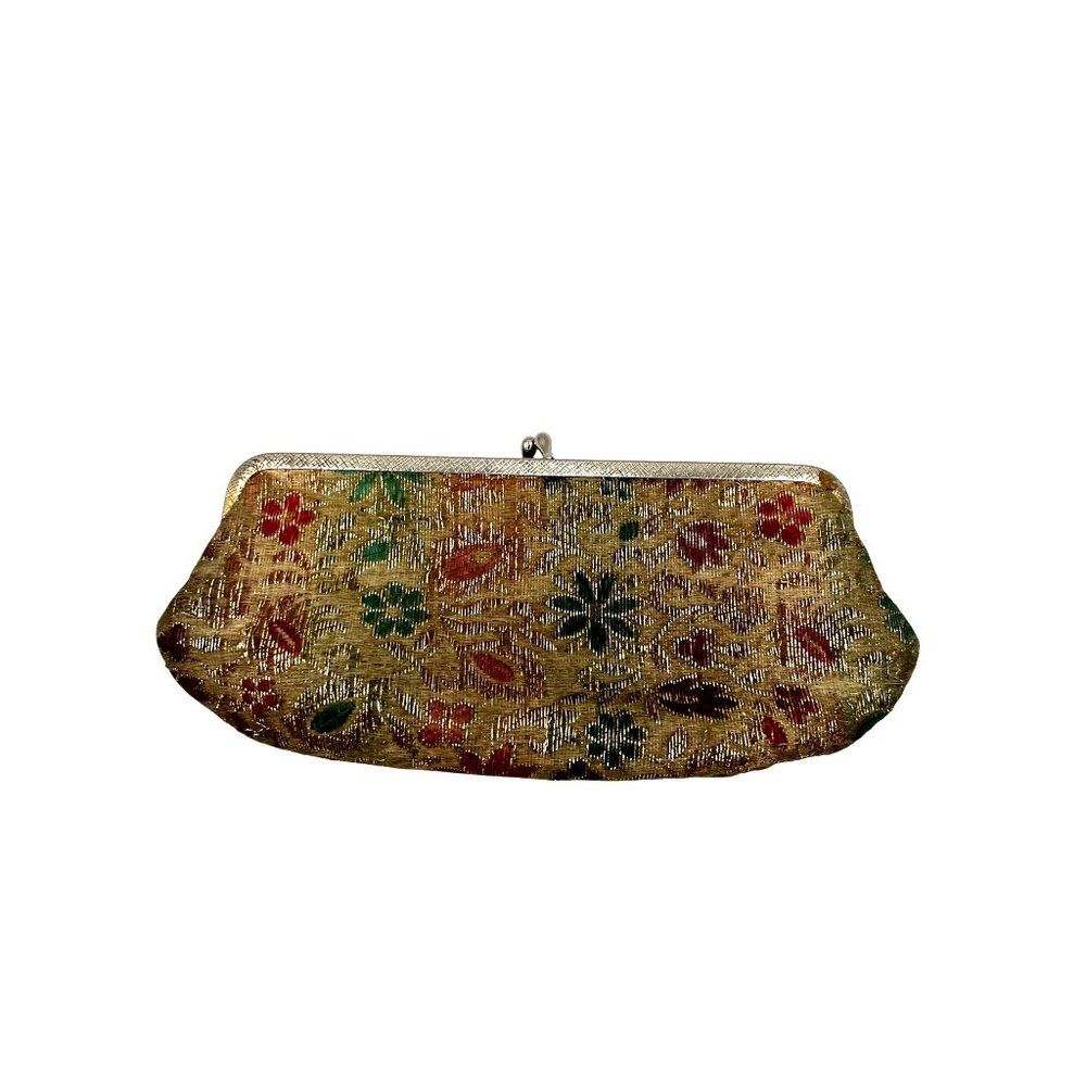 Vintage Floral Brocade Clutch Purse With Metal Frame